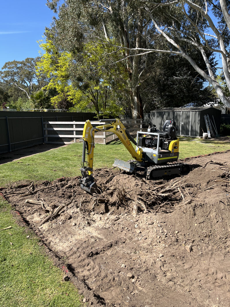 Mini excavator clearing a patch of lawn down to bare soil in a backyard